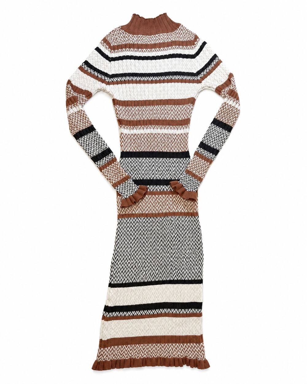 VICI Womens Size M Brown Cream Black Striped Knit Maxi Dress Mock Neck Ruffle